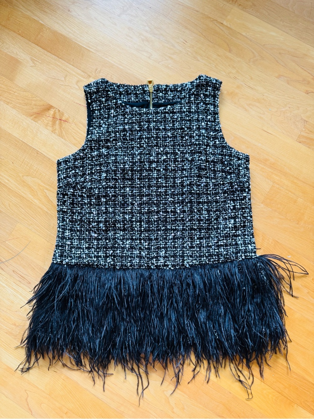 Sail to Sable Black and White Tweed Feather-Trim Top